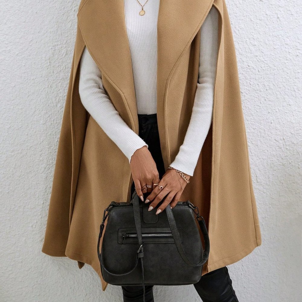 Khaki Preppy Womens Cloak Sleeve Belted Cape Coat - Picture 3 of 6